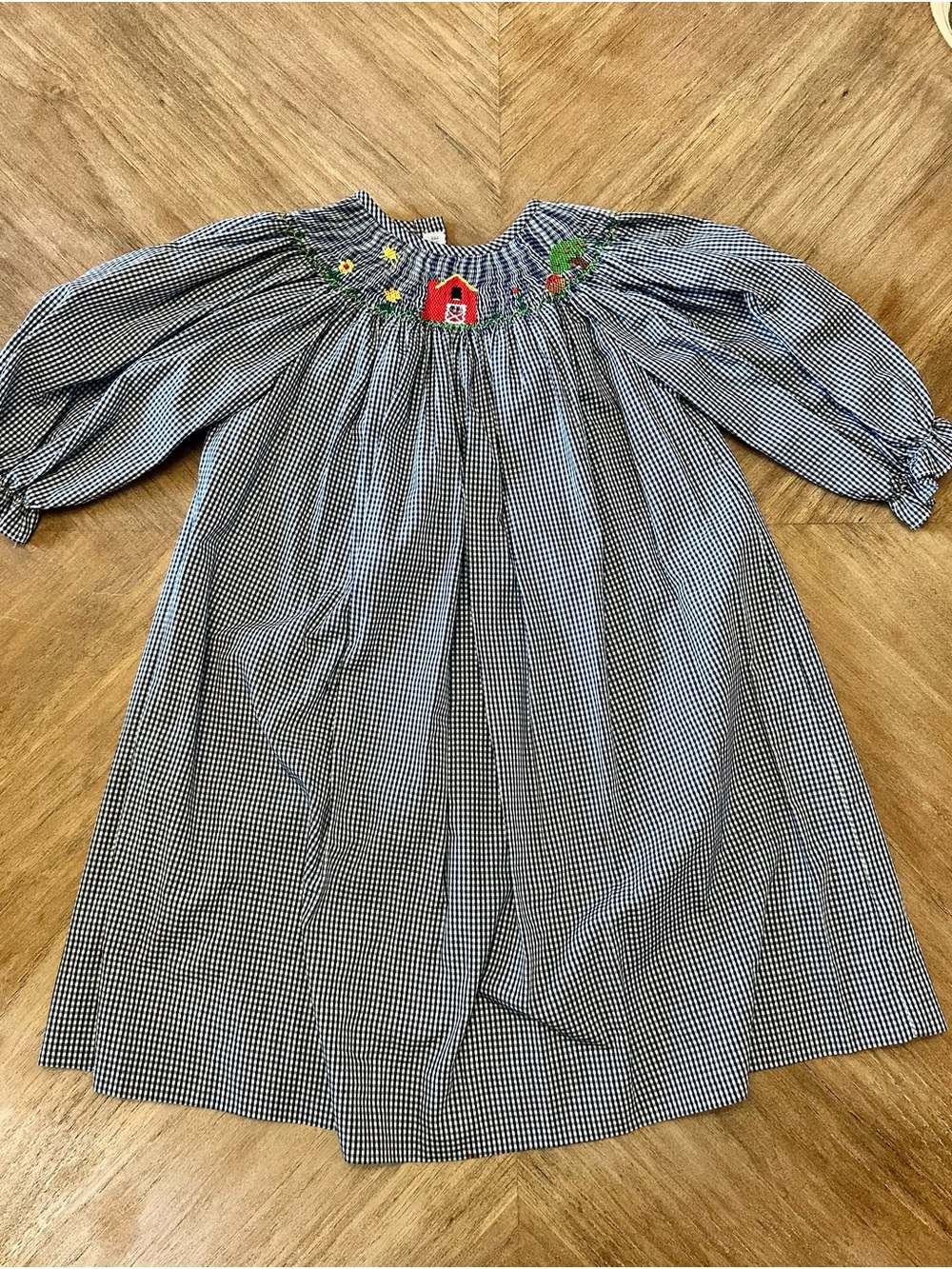 Navy Gingham Smocked Girls' Dress with Red Barn Embroidery